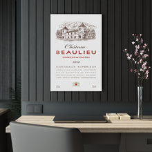 Load image into Gallery viewer, Chateau Beaulieu Wine Label Print on Acrylic Panel 20x30 hung