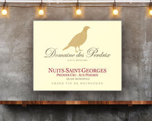 Load image into Gallery viewer, Partridge Themed Artwork - Domaine Des Perdrix Wine Label Printed on Rectangular Eco-Friendly Recycled Aluminum hung on wall