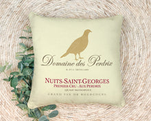Load image into Gallery viewer, Indoor Outdoor Pillows Domaine Des Perdrix Wine Label Print shown on rug