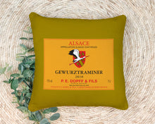 Load image into Gallery viewer, Indoor Outdoor Pillows Dopff Gewurztraminer Wine Label Print shown on floor