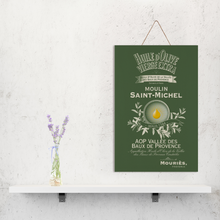 Load image into Gallery viewer, Kitchen Wall Decor - Moulin St Michel Olive Oil  Label Print on Wooden Plaque 8" x 12" Made in the USA