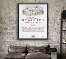 Load image into Gallery viewer, This beautiful print depicts the label on a bottle of Chateau Beaulieu Comtes de Tastes. A wonderful wine from Bordeaux.  it is printed on Artist-grade poly-cotton blend canvas. The canvas is framed in a walnut color European pine floating frame.