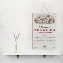 Load image into Gallery viewer, Wine Label Themed Wall Decor - Chateau Beaulieu Label Print on Wooden Plaque 8" x 12" Made in the USA