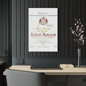 Saint Amour Wine Label Print on Acrylic Panel 20x30 hung