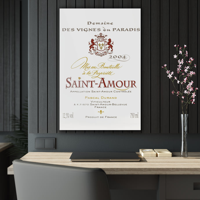 Saint Amour Wine Label Print on Acrylic Panel 24x36 hung