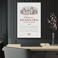 Load image into Gallery viewer, Chateau Beaulieu Wine Label Print on Acrylic Panel 24x36 hung