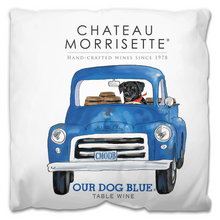 Load image into Gallery viewer, Indoor Outdoor Pillows Chateau Morrisette Our Dog Blue Wine Label Print