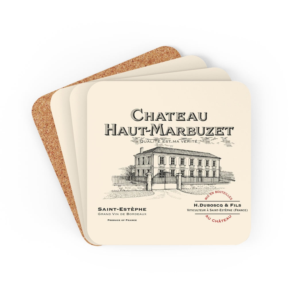 Home Bar Accessories - Wine Label Themed Gifts - Chateau Haut-Marbuzet bottle Label Corkwood Coaster Set of 4