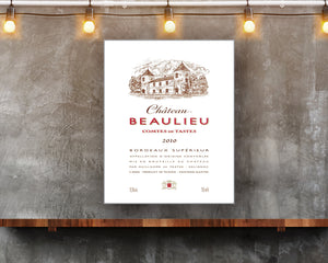 Winery Gifts - Wine Room Decor - Chateau Beaulieu Wine Label Printed on Eco-Friendly Recycled Aluminum