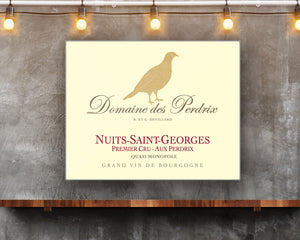 Partridge Themed Artwork - Domaine Des Perdrix Wine Label Printed on Rectangular Eco-Friendly Recycled Aluminum hung on wall