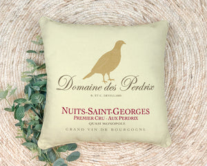 Indoor Outdoor Pillows Domaine Des Perdrix Wine Label Print shown on rug