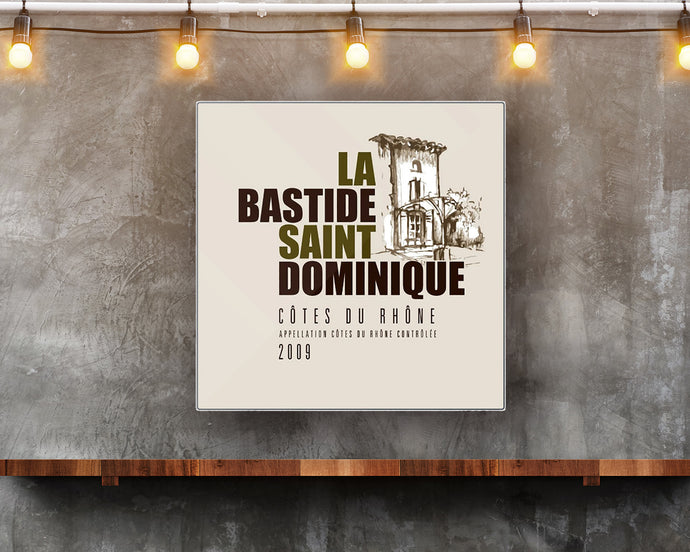Wine Room Decor - La Bastide Saint Dominique Winery Cotes du Rhone Label Printed on Eco-Friendly Recycled Aluminum hung on modern wall