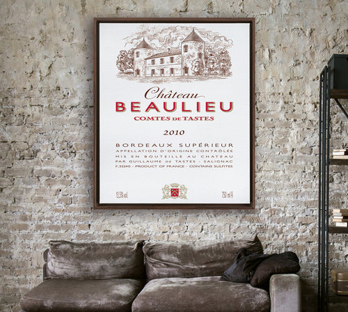 This beautiful print depicts the label on a bottle of Chateau Beaulieu Comtes de Tastes. A wonderful wine from Bordeaux.  it is printed on Artist-grade poly-cotton blend canvas. The canvas is framed in a walnut color European pine floating frame.