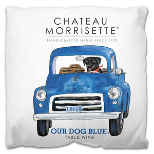 Indoor Outdoor Pillows Chateau Morrisette Our Dog Blue Wine Label Print